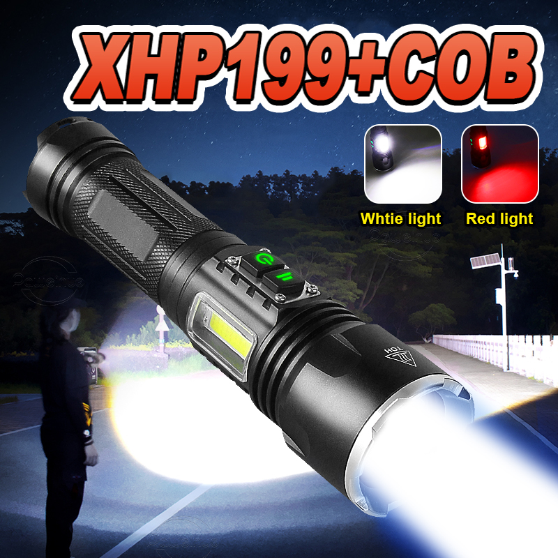 최신 XHP199 COB 강력한 LED 손전등 충전식 토치 XHP160 XHP90.2 높은 전원 플래시 빛 18650 야외 캠핑 랜 턴